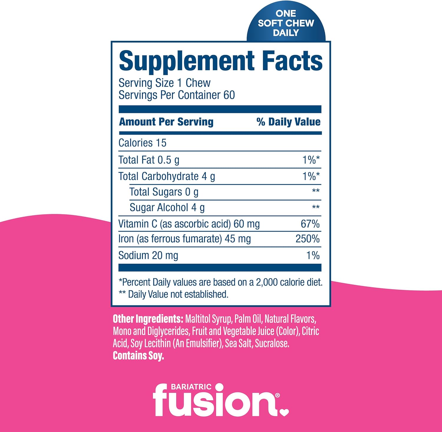 Bariatric Fusion Iron Supplement for Women Anemia | Chewable Iron with Vitamin C | Watermelon Flavored Soft Chew | Gentle on Stomach Ferrous Fumarate for Women and Men | Gluten Free | 60 Count