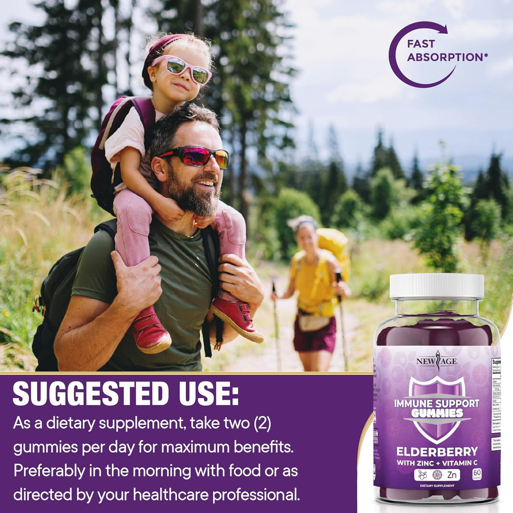 NEW AGE Immune System Support Gummies - Sambucus Black Elderberry Gummies with Vitamin C and Zinc (Immune Support 60 Gummies)