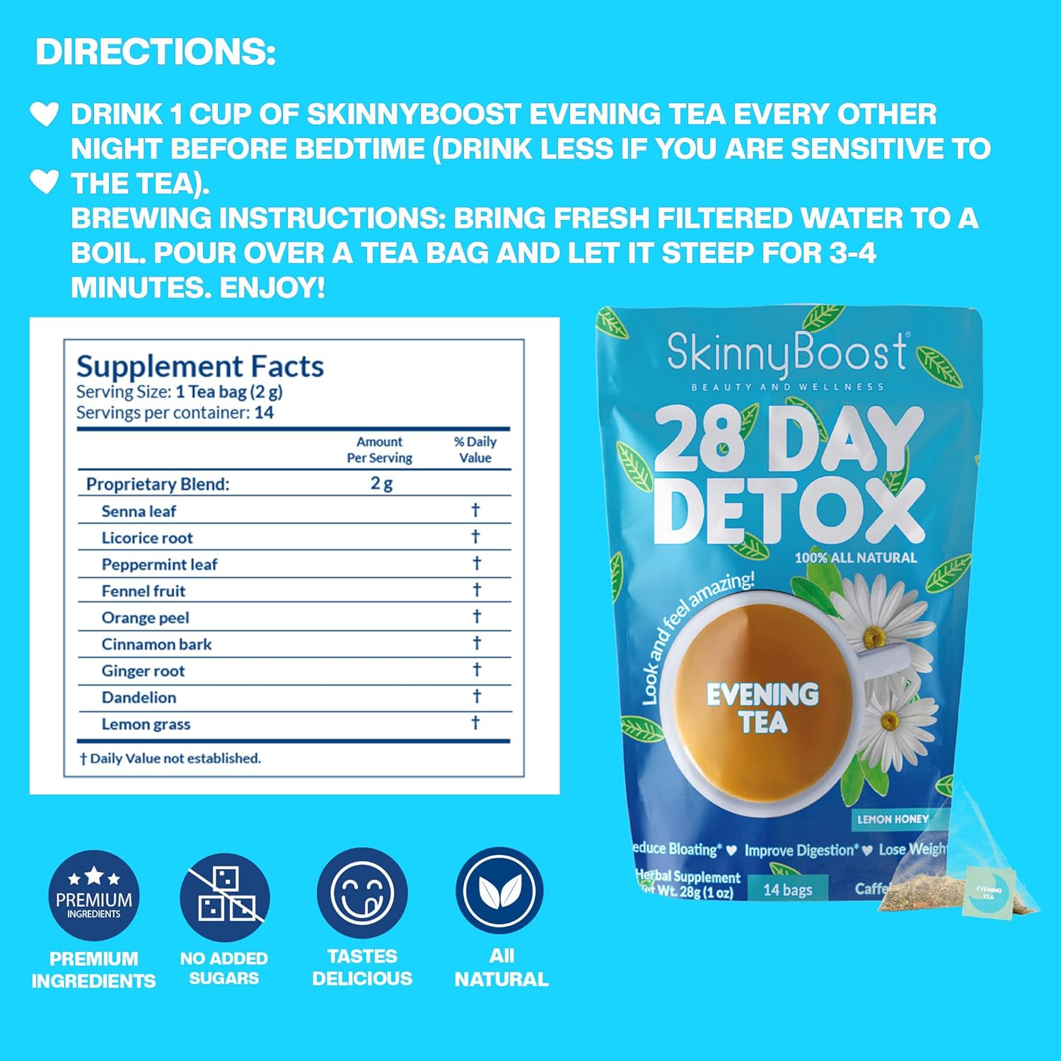 Skinny Boost Evening Detox Tea-14 Tea Bags Total, Supports Detox and Cleanse, Reduce Bloating, 100% All Natural, Vegan, Non GMO