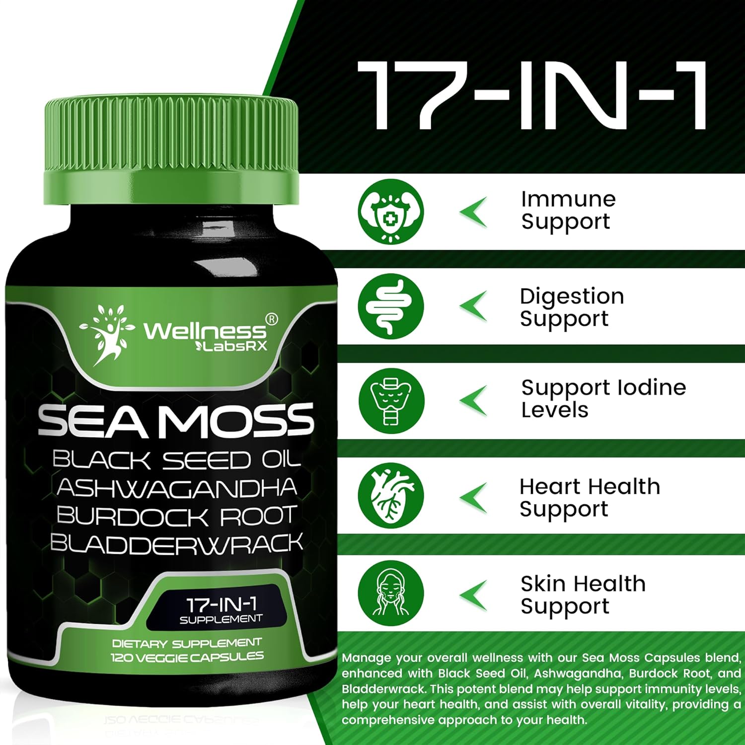 Irish Sea Moss Capsules, 17-in-1, Seamoss Black Seed Oil, 120 Count, Ashwagandha Burdock Root Organic Bladderwrack Capsules | Organic Sea Moss Advanced, Immune and Blood Pressure Support