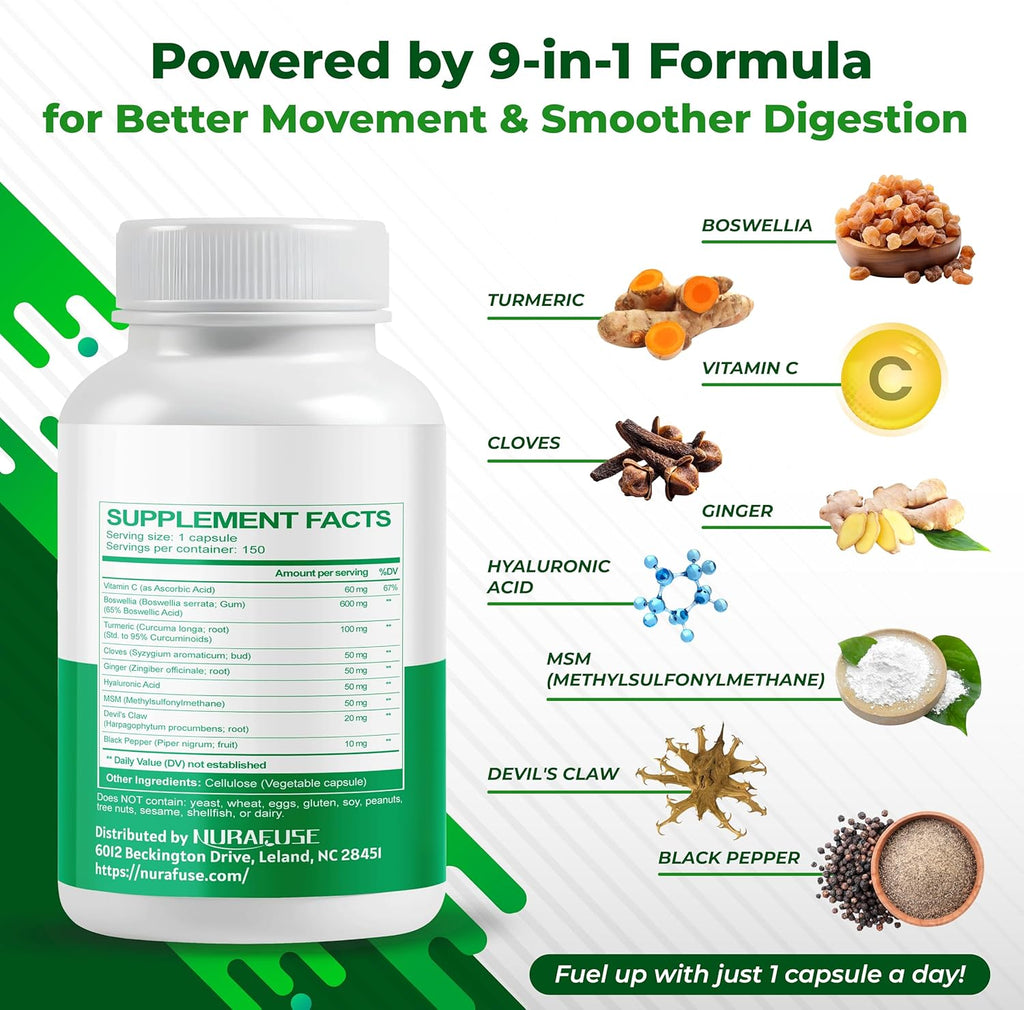 Boswellia with Cloves, Ginger, Turmeric, Vitamin C, Hyaluronic Acid, MSM, Devil's Claw – Supports Joint Health, Digestive Wellness* & Nutrient Absorption*