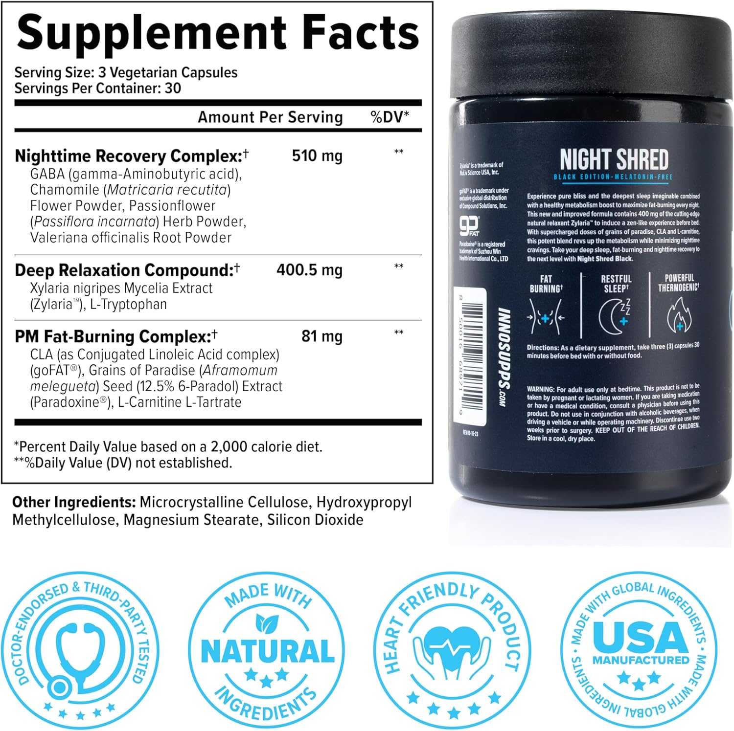 Night Shred Black Melatonin-Free Nighttime Fat Burner and Sleep Support Supplement - GABA Complex with Ashwagandha, CLA, Grains of Paradise, and Zylaria - Thermogenic Fat Burner - 90 Vegan Capsules