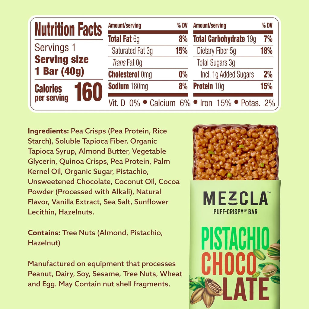 Mezcla Puff Crispy Protein Bars, Gluten Free & Vegan Protein Bars, 10g Protein, Alt for Pistachio Dubai Chocolate Bar, Granola Bars & Breakfast Bars, Healthy Snacks for Adults, Pistachio Chocolate, 12 Pack