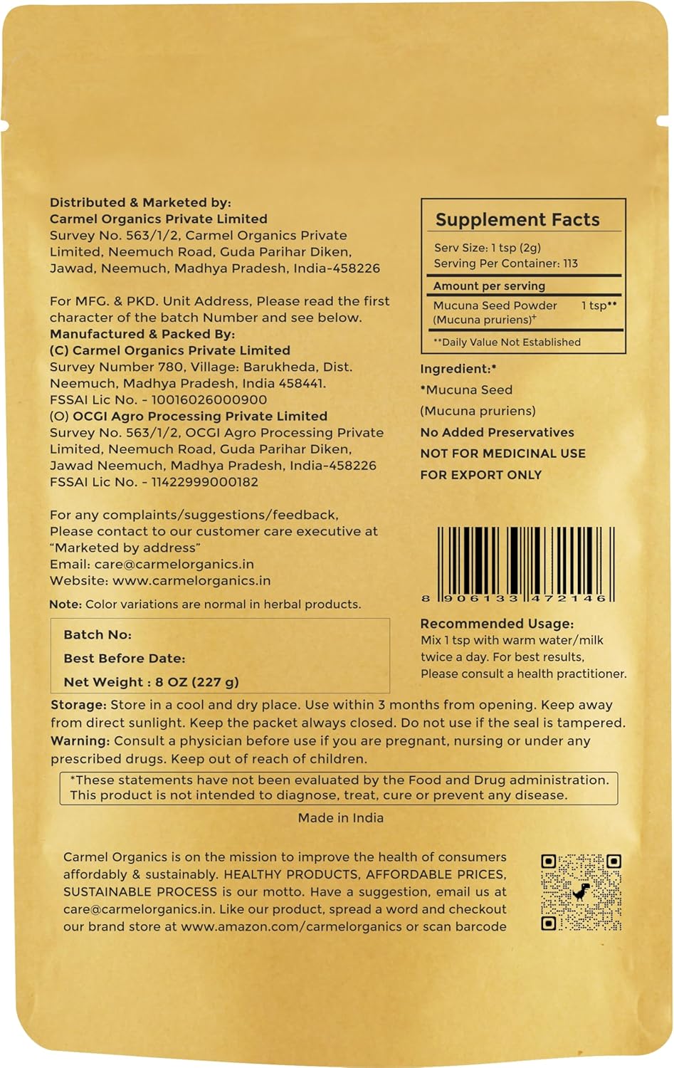 CARMEL ORGANICS Mucuna Pruriens Natural (White) Seeds Powder 8 Ounce or 0.5 Lb/227 Grams | Non GMO | Kosher | Kapikachhu Powder | No Added Preservative