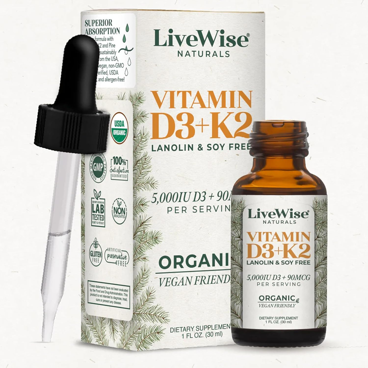 Vitamin D3+K2 Liquid Drops - Organic MCT Oil Formula for Adults - Easy Absorption D3 K2 Supplement for Immune Support & Bone Health -5000IU
