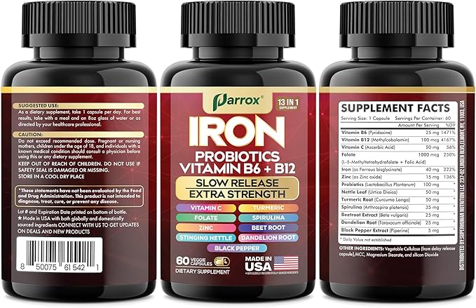 Iron Supplement, Slow Release Iron, Probiotics, Spirulina, Turmeric, Vitamin B6, Methylated B12, Vitamin C, Zinc, Beetroot, Nettle Leaf, Dandelion Root, Black Pepper, Extra Strength, 60 Capsules 2Pack