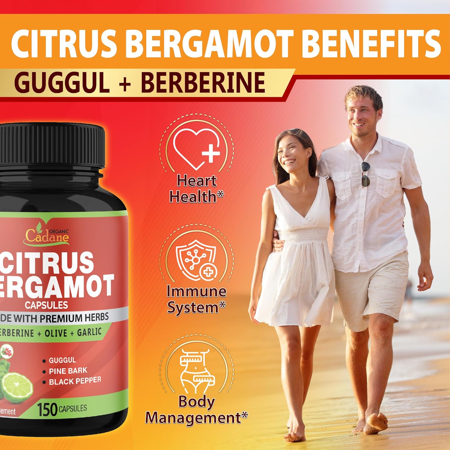 Organic Cadane Citrus Bergamot Supplement Capsules with Berberine, Olive, Guggul, Garlic, Pine Bark, Black Pepper - 150 Caps for 5 Months Supply