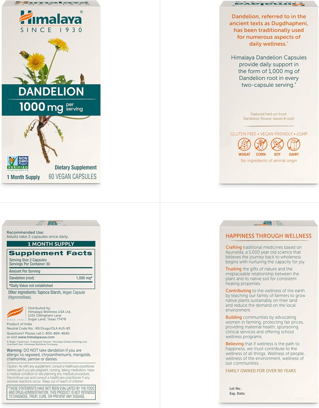 Himalaya Dandelion, Herbal Supplement for Daily Wellness Support, Vegan, Gluten Free, 1,000 mg Dandelion Root, 60 Capsules