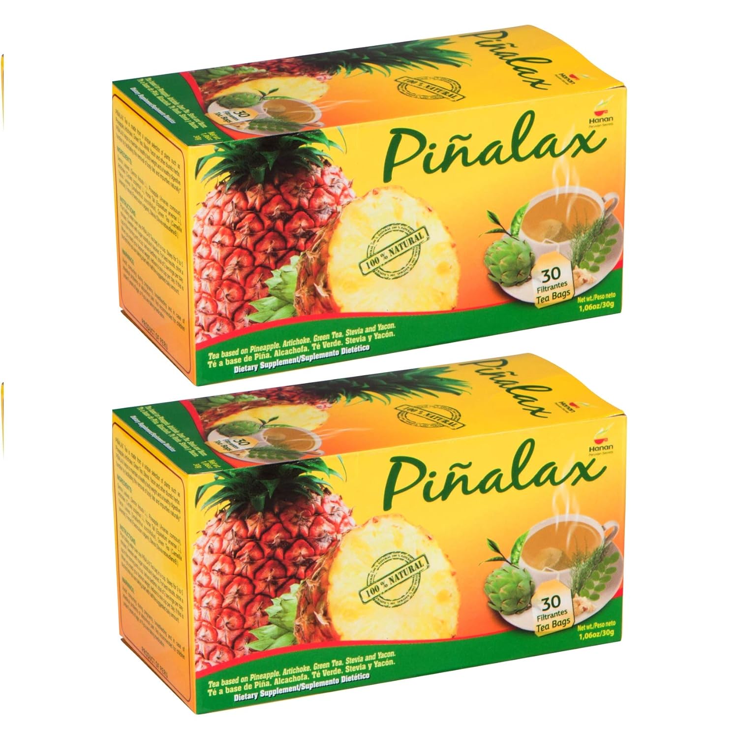 Piñalax 60 Teabags Herbal Tea of Pineapple, Artichoke, Green Tea, Stevia, Yacon Leaves, Senna, Horsetail and Fennel from Peru (2-Pack)