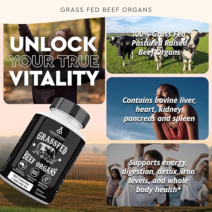 Ancestral Supplements Grass Fed Beef Organ Supplement, Supports Whole Body Wellness with Proprietary Blend of Liver, Heart, Kidney, Pancreas, Spleen, Freeze-Dried Beef, Non-GMO, 180 Capsules