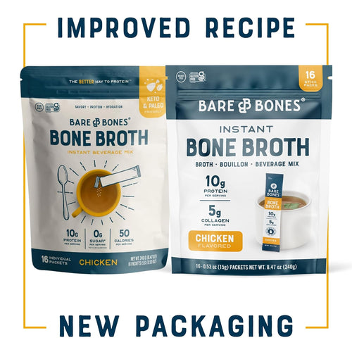 Bare Bones Chicken Bone Broth Instant Powdered Mix | Rich Savory Packets on-the-Go No Artificial Flavors | Keto & Paleo Friendly | 10g Protein | 16 Pack