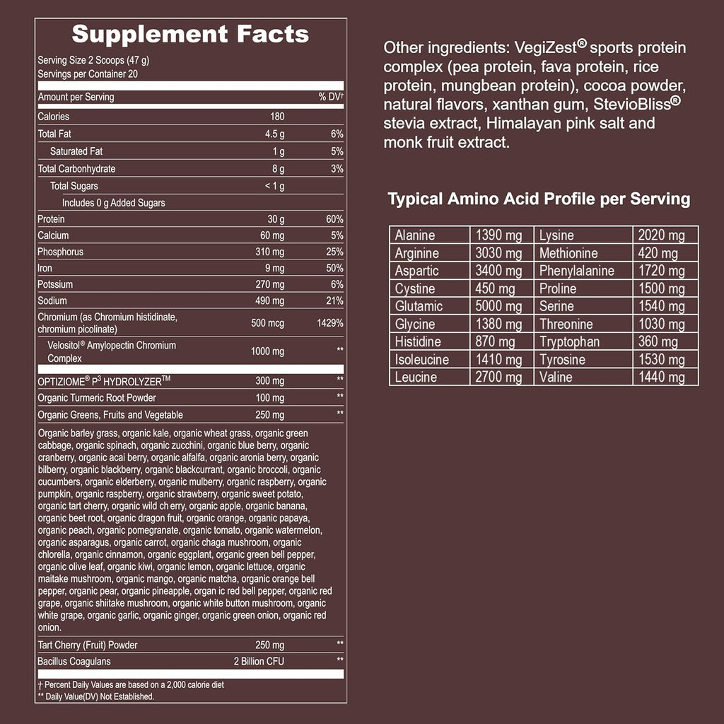 Vegan Sport Protein Powder Chocolate 20 servings – 30g Plant Based Protein, VELOSITOL, BCAAs, Organic Greens & Fruits, Probiotics, Tart Cherry for Post Workout Recovery, Inform Sports Certified Keto