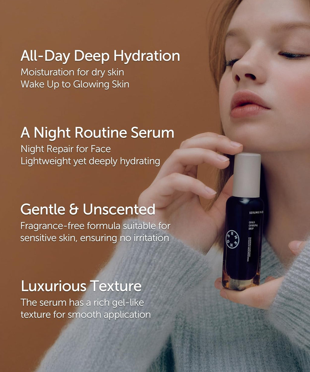 SERUMKIND Chaga Mushroom Serum for Face Korean Skincare - Beta Glucan Extract - Nourishing & Hydrating - Provides Deep Hydration for Extremely Dry Skin - Vegan & Cruelty-Free – 1.01 fl.oz.