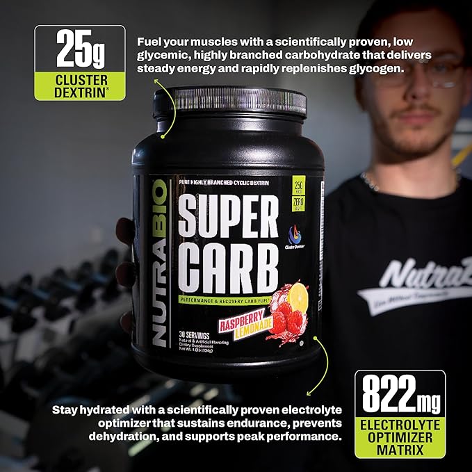 NutraBio Super Carb, Carbohydrate Powder with Cluster Dextrin & Electrolytes, Advanced Carb Supplement Powder for Workout Fuel,Performance, and Muscle Recovery,Cyclic Dextrin,Raspberry Lemonade, 30 Sv