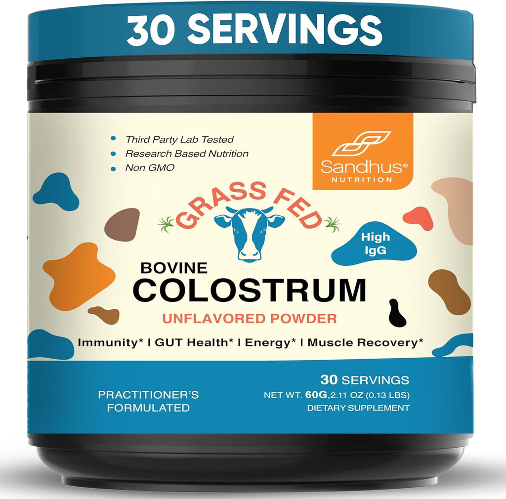 Sandhu's Grass Fed Bovine Colostrum Powder for Humans, Adults | 30 Servings (Pack of 1) Cows Supplement | High IgG for Gut Health | Immunity & Muscle Recovery Support | Unflavored | for Men & Women