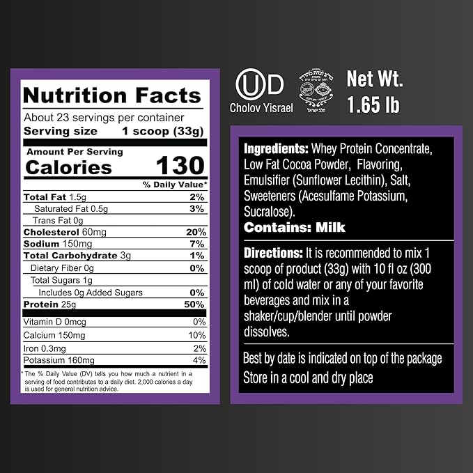 Cookies & Cream Protein Powder. 25g Protein for Post Workout Recovery, Smoothie & Baking. Gluten & Sugar Free, Highly Kosher, Amino Acids (5.5g BCAA, 2.7g Leucine), 1.65 lbs, 23 Servings
