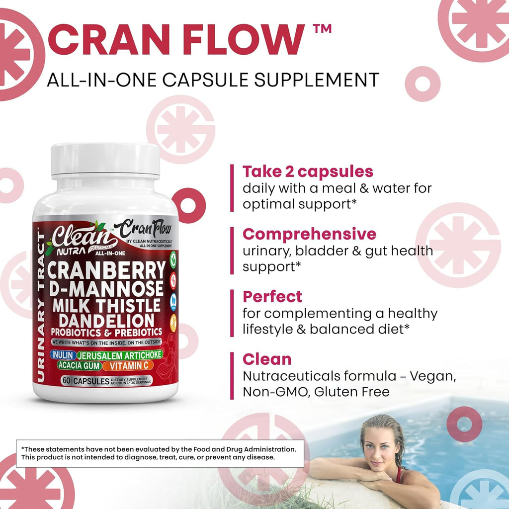 Cran Flow Cranberry Pills for Urinary Health D-Mannose Milk Thistle Dandelion Inulin Vitamin C Prebiotics and Probiotics Bladder Support by Clean Nutra