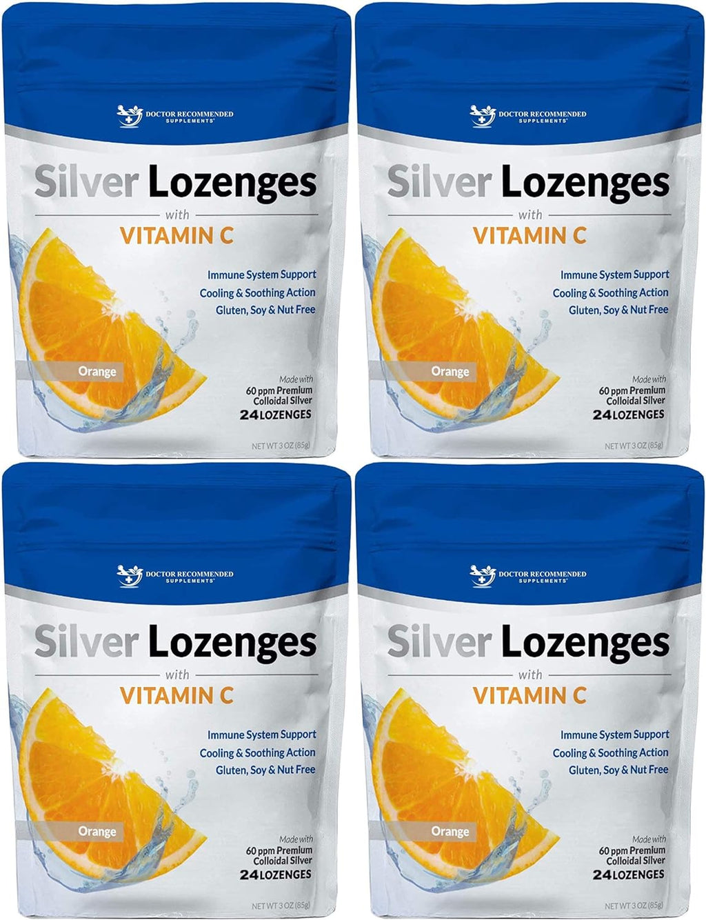 Silver Lozenges with Vitamin C - Premium Nano Silver 60 PPM Colloidal Silver, Organic Honey and Vitamin C Mineral Supplement Drops to Support Immune System, Soothe Cough & Throat - Pack of 4