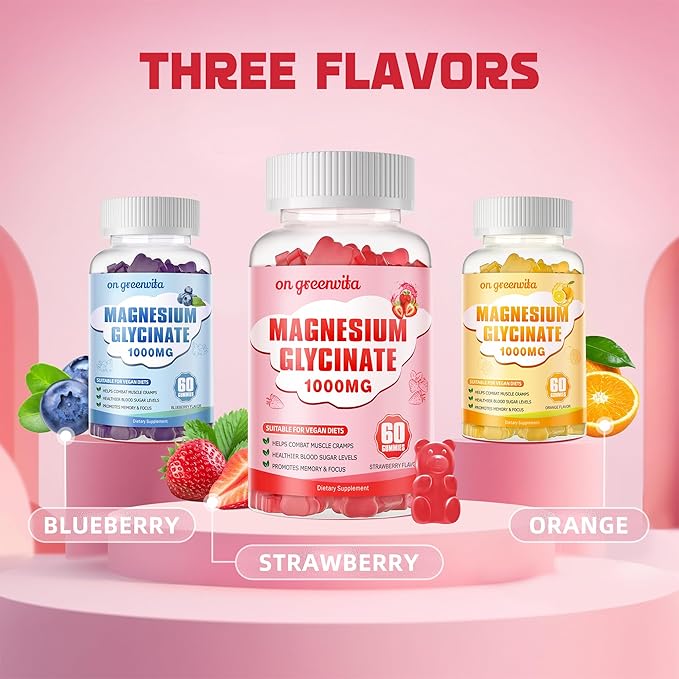 Magnesium Glycinate Gummies 1000mg - Sugar Free Magnesium Potassium Supplement with Vitamin D, B6, CoQ10 for Calm Mood & Sleep Support - 60 Strawberry Gummies