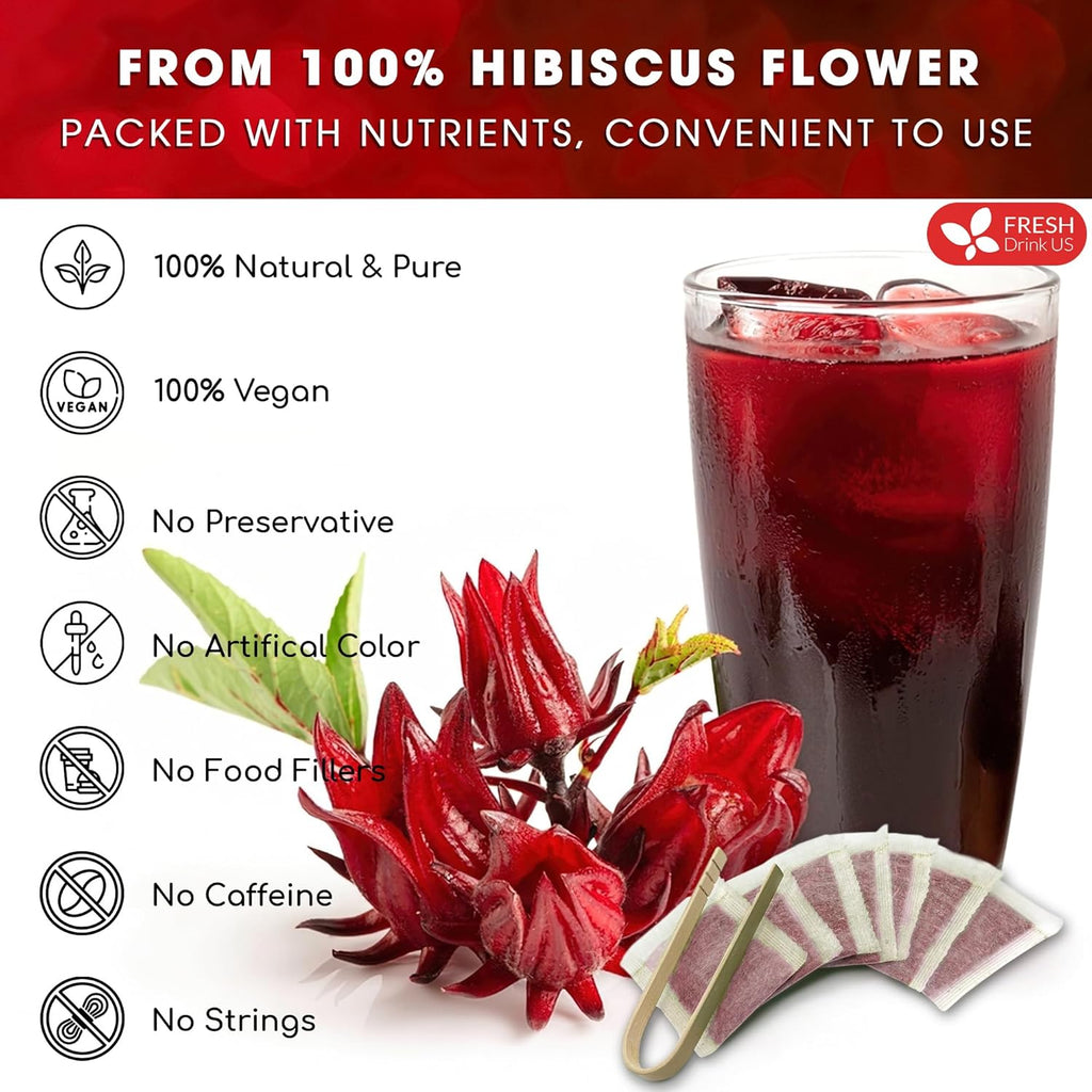 FRESHDRINKUS, Premium 40 Hibiscus Flowers Tea Bags, 100% Natural & Pure from Hibiscus Flowers. Loose Flower Hibiscus Herbal Tea. No Sugar, No Caffeine, No Gluten, Vegan.