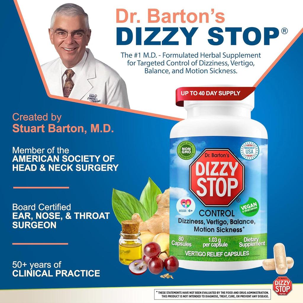 Vertigo Relief Product & Non‑Drowsy Motion Sickness Pills: Nausea and Dizziness, Ginger & Grape Seed Formula, Inner Ear Balance, Car, Cruise & Travel Essential, Stomach Support (80 Count – Pack of 2)