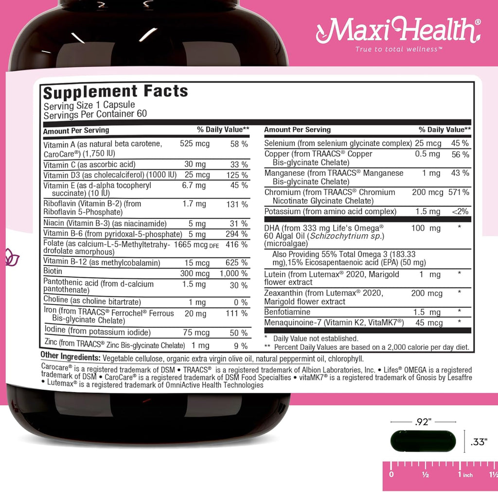 Maxi Health - Methyl Prenatal DHA Prenatal Vitamins Women - Doctor Formulated, Kosher, Gluten Free Prenatal Multivitamin with 25 Nutrients Including DHA, Folic Acid & More, 60 Liquid Caps