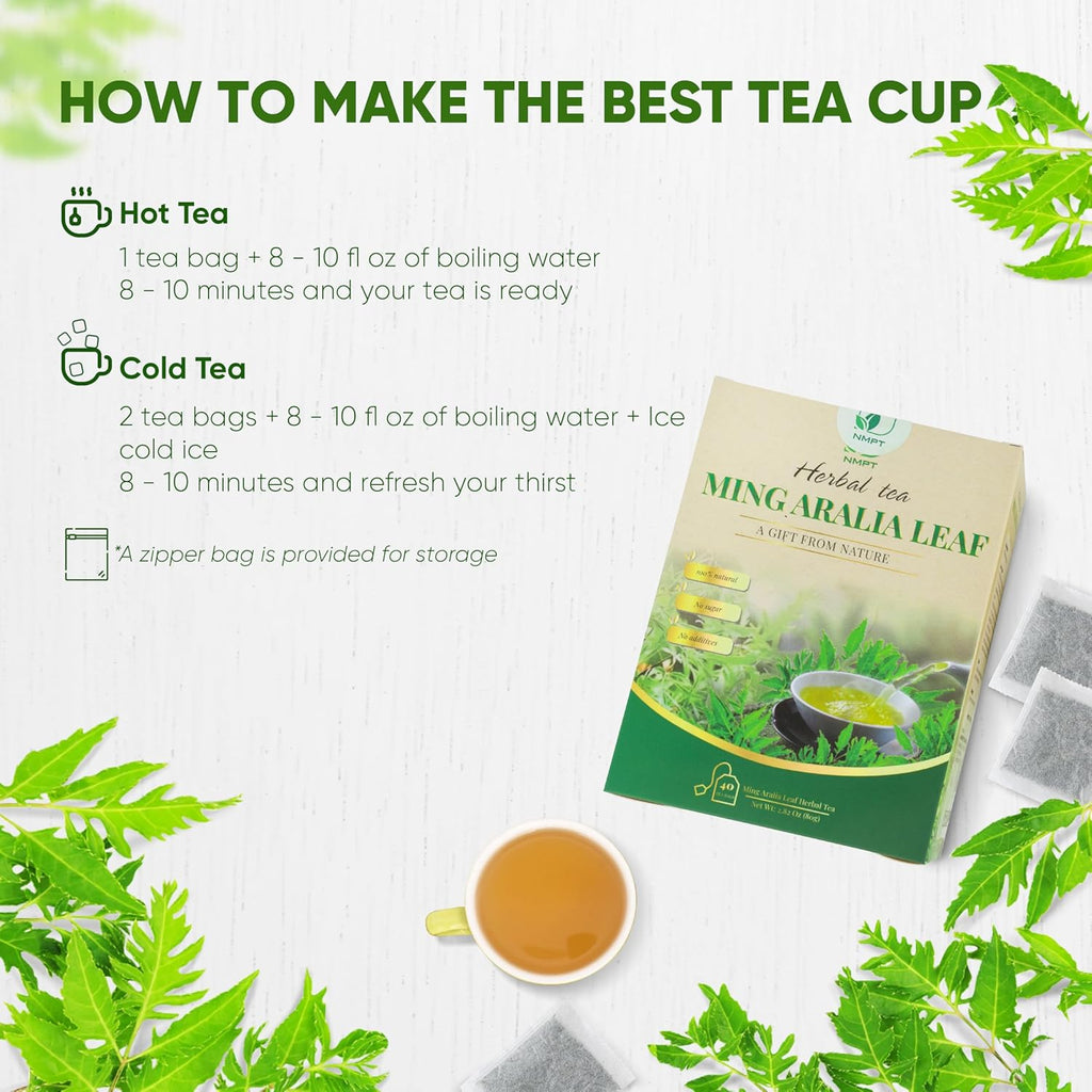 NMPT Ming Aralia Leaf Tea, 100% Hand Pick, Organic Dinh Lang Herbal Tea, 40 Count, Freeze Drying, Gluten Free, Dairy Free, No Sugar Added, Energy Boost & Health Support, 0.07 Oz Each
