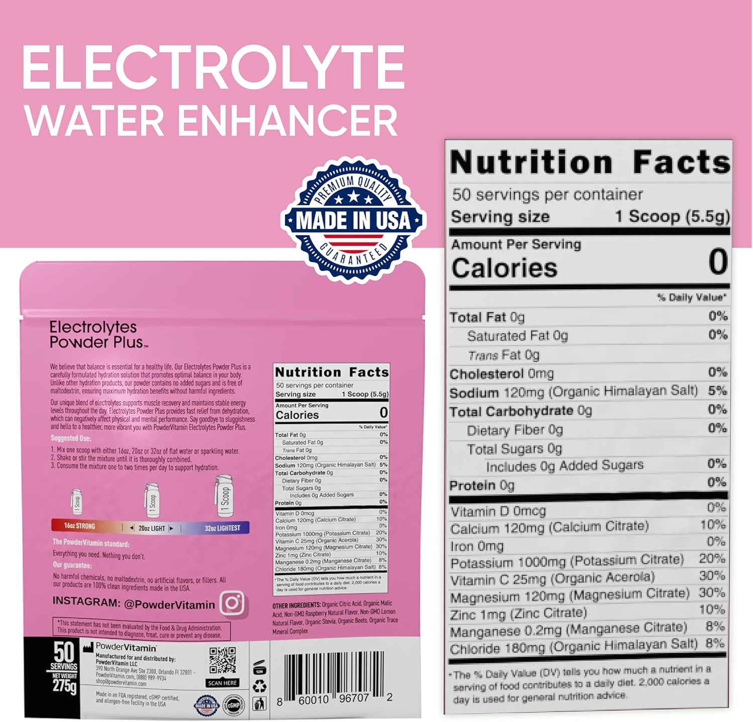PowderVitamin Electrolytes Powder Plus (50 Servings) Raspberry Lemonade Electrolyte Powder Zero Calorie Keto, 0 Sugar, No Maltodextrin,1000mg Potassium,120mg Calcium,120mg Magnesium, Hydration Powder