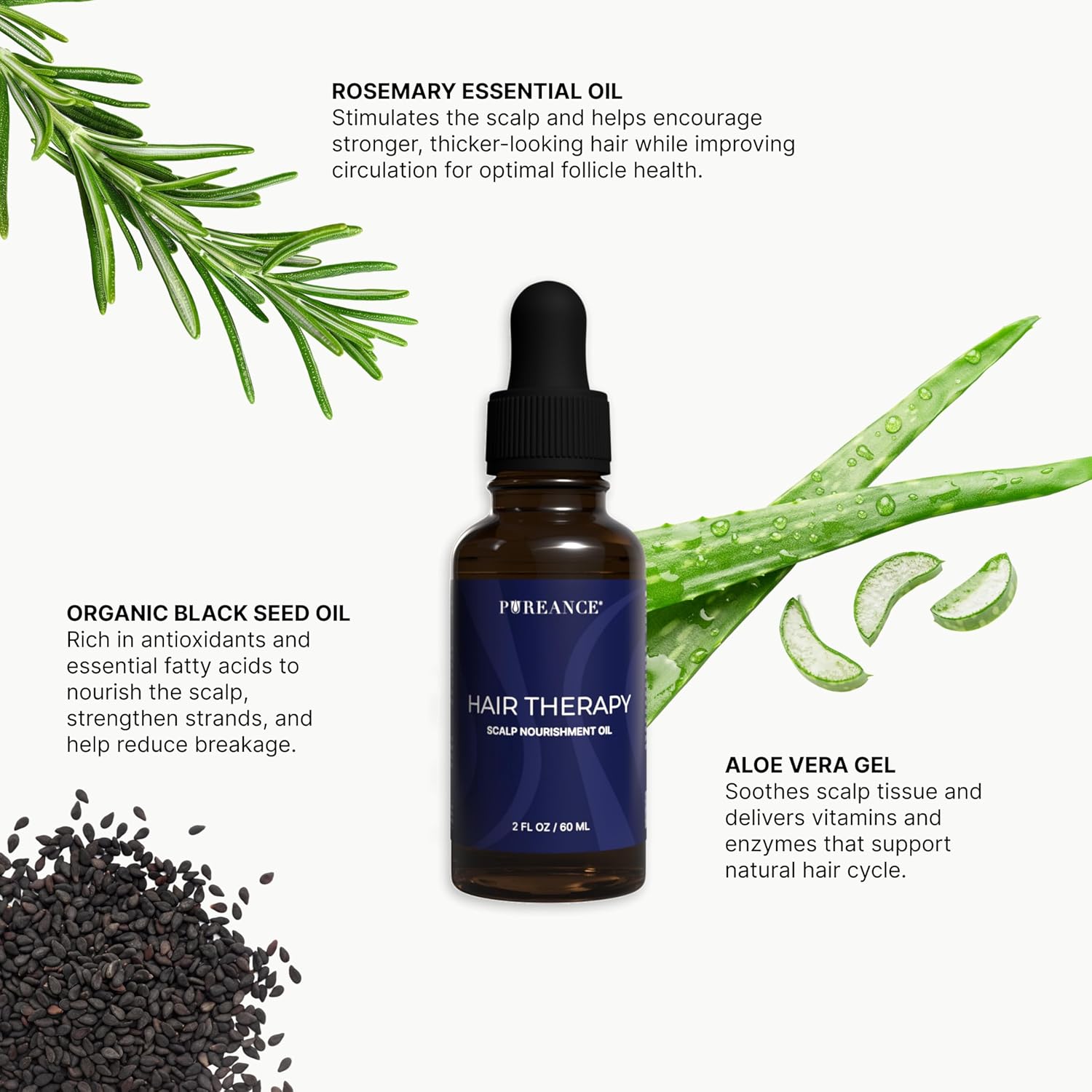 PUREANCE Hair Therapy - Hair Growth Oil for Dry & Frizzy Hair - Scalp Serum for Women & Men - With Aloe Vera Gel, Castor, Argan, Black Seed, Rosemary & Peppermint Essential Oils & More - 2 Fl OZ