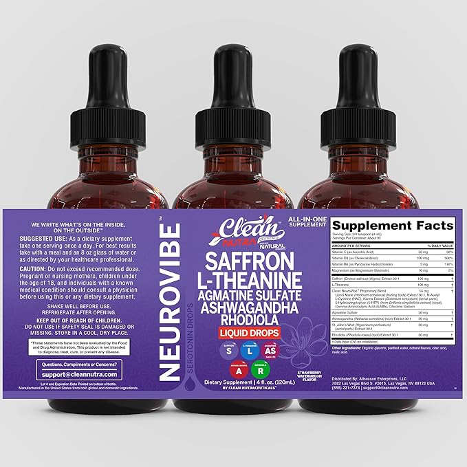 Saffron Supplements Liquid Drops L-Theanine Agmatine Sulfate Ashwagandha Magnesium Glycinate B6 Magnesium Stress Relief Mood Support 5-HTP GABA Supplement Vitamin D 4oz by Clean Nutra