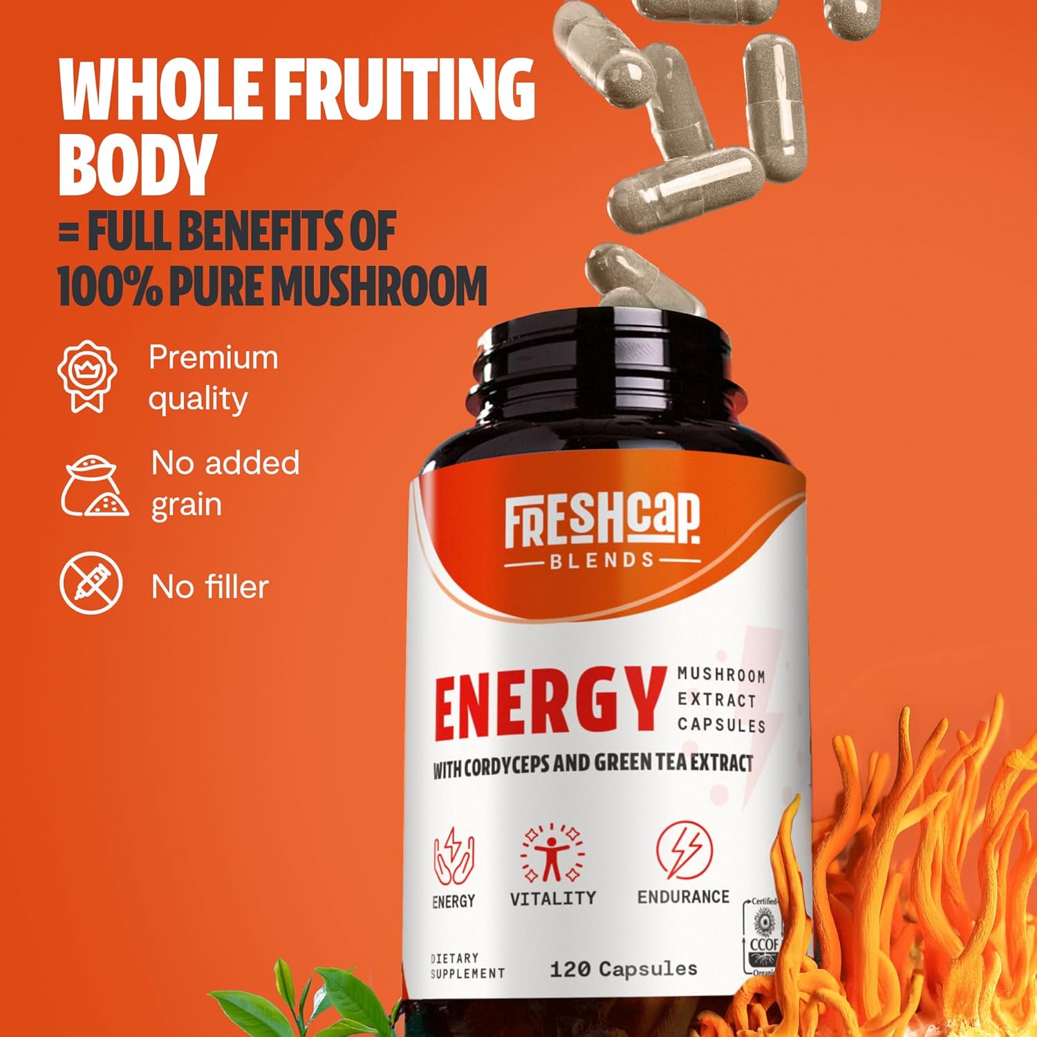 FreshCap 5-in-1 Energy Supplements, Energy Supplements for Women and Men, Energy Boosters for Fatigue, Energy Support, Cordyceps Extract, Ayurveda Cordyceps Mushroom Blend Capsules (120 Capsules)