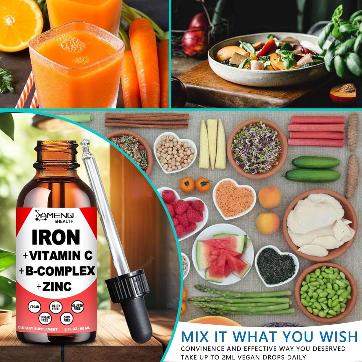 2 Pack Liquid Iron Supplement w/ Vitamin C, A, B-Complex, Vegan Iron Drops High Potency Liquid Vitamin & Iron Supplements for Women, Men & Children -Support Red Blood Cell, Energy, Anemia & Fatigue