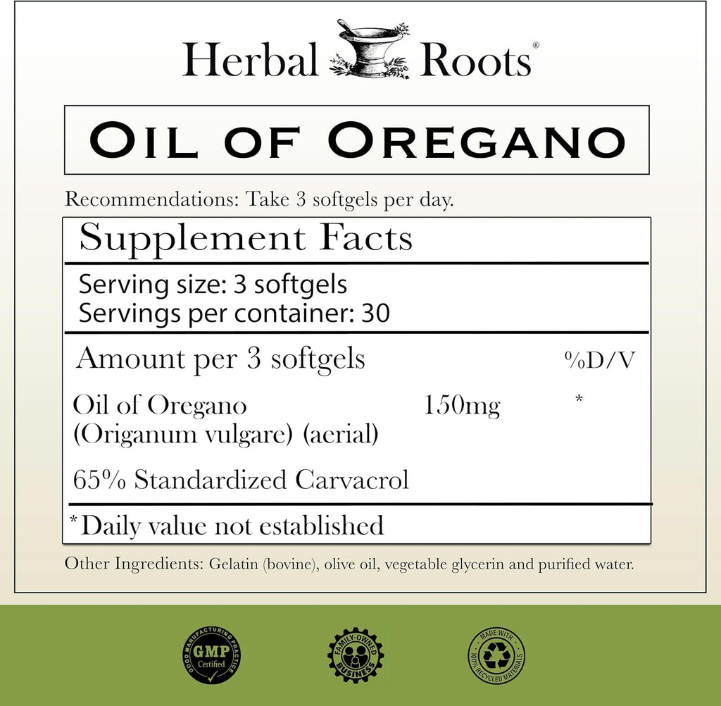 Herbal Roots Oil of Oregano - Made from Mediterranean Oregano Oil - 90 Easy to Swallow Softgel Capsules - Extra Strength 150mg