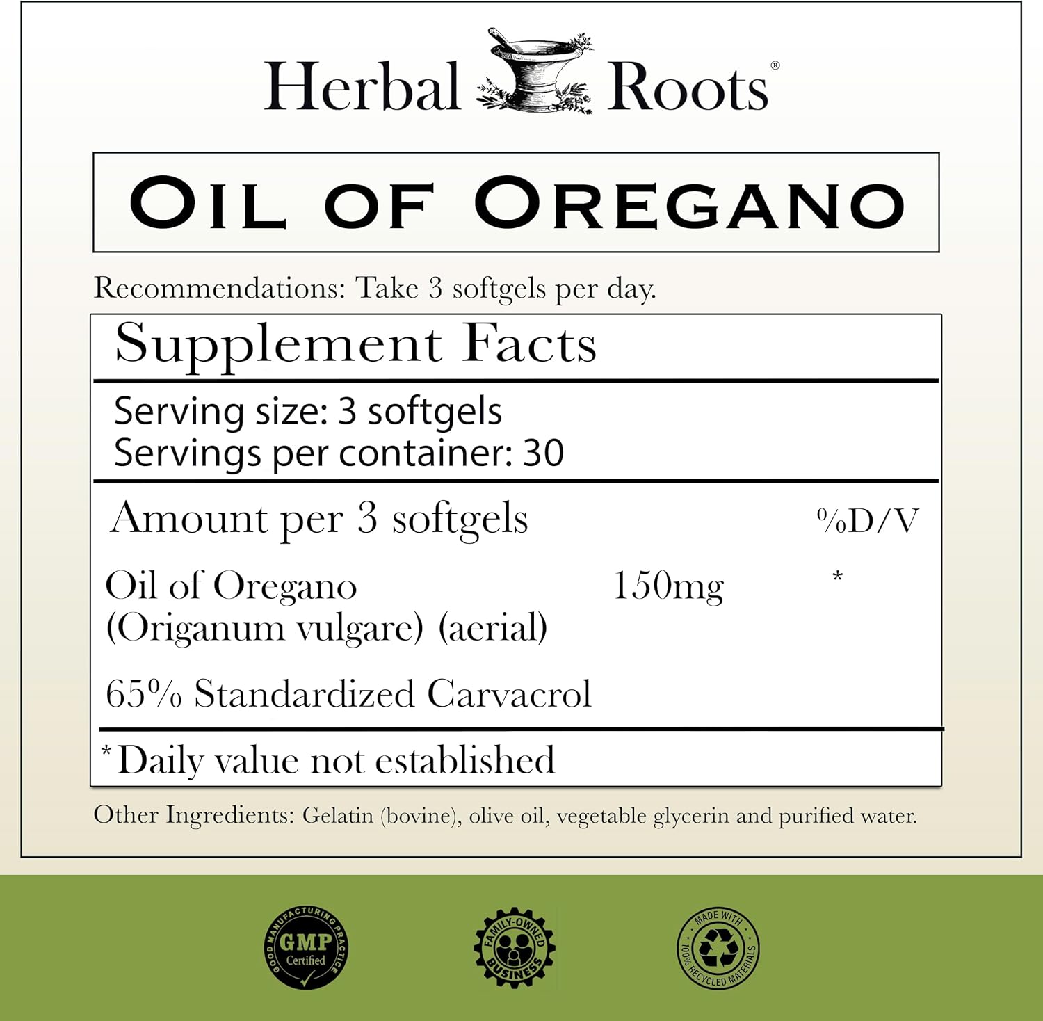 Herbal Roots Oil of Oregano - Made from Mediterranean Oregano Oil - 90 Easy to Swallow Softgel Capsules - Extra Strength 150mg
