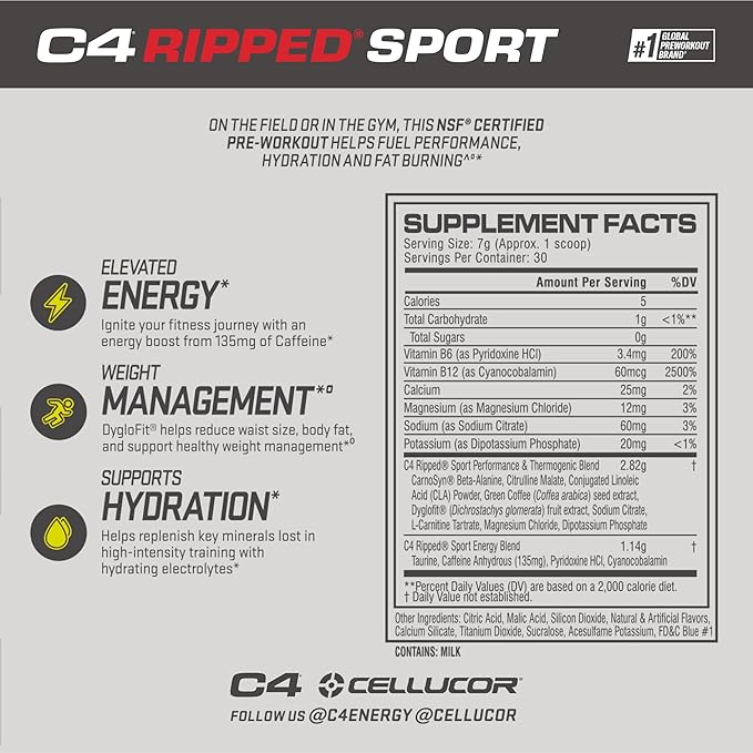 Cellucor C4 Ripped Sport Pre Workout Powder Arctic Snow Cone - NSF Certified for Sport + Sugar Free Preworkout Energy Supplement for Men & Women - 135mg Caffeine + Weight Loss - 30 Servings