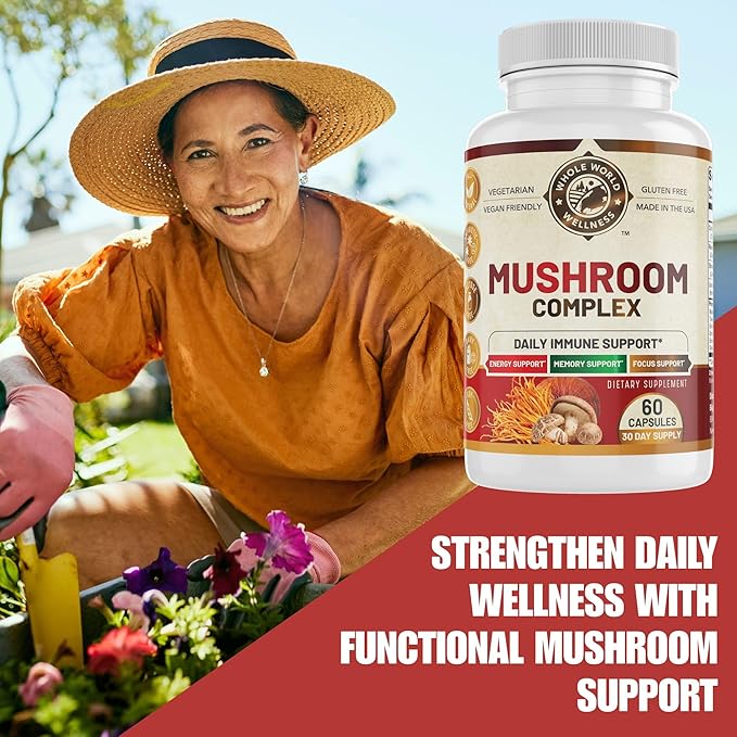 All Natural Mushroom Complex 10 in 1 | Daily Immune & Energy Support | Lions Mane, Chaga, Resihi | Gluten Free, Dairy Free, Soy Free | 60 Capsules | Made in The USA.