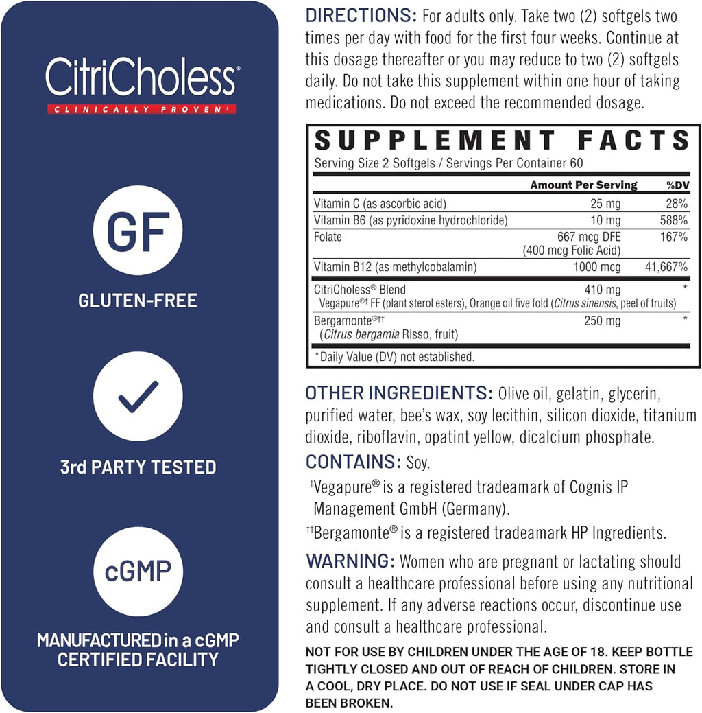 U.S. Doctors’ Clinical CitriCholess® Clinically Proven Cholesterol Supplement with Bergamonte Citrus Extract & Vitamin C to Support Healthy Cholesterol Levels (120 Softgels – 2 Month Supply)