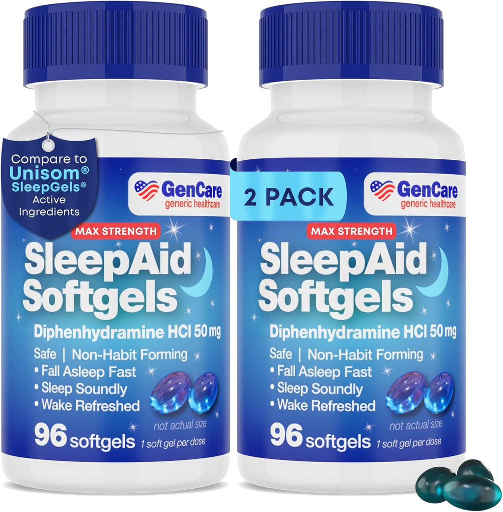 GenCare Maximum Strength Nighttime Sleep Aid Supplement for Adults Deep Sleep Pills with Diphenhydramine HCl 50mg to Fall Asleep Faster- Strong Non-Habit Forming PM Sleeping [96 Softgels] (Pack of 2)
