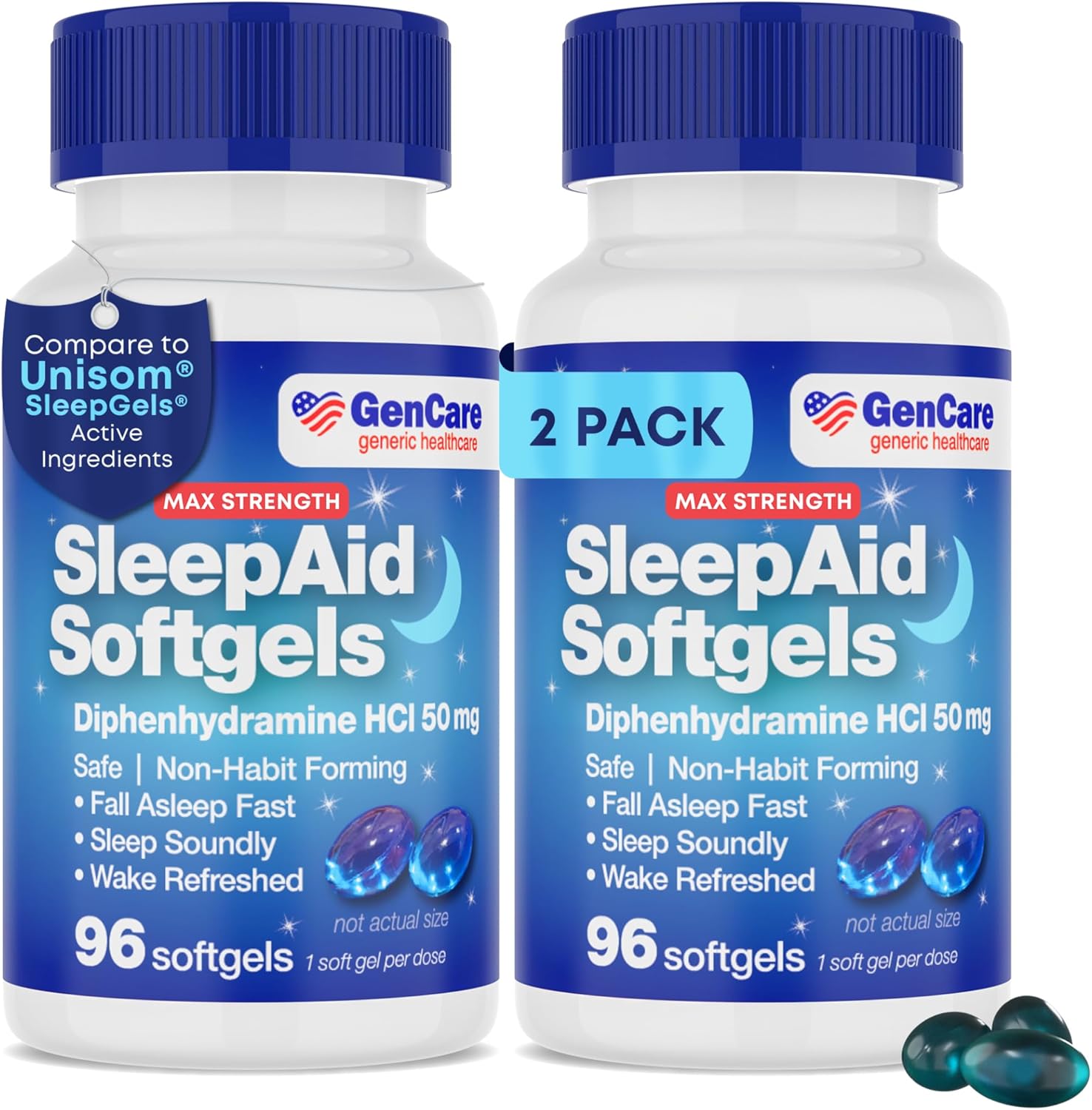 GenCare Maximum Strength Nighttime Sleep Aid Supplement for Adults Deep Sleep Pills with Diphenhydramine HCl 50mg to Fall Asleep Faster- Strong Non-Habit Forming PM Sleeping [96 Softgels] (Pack of 2)