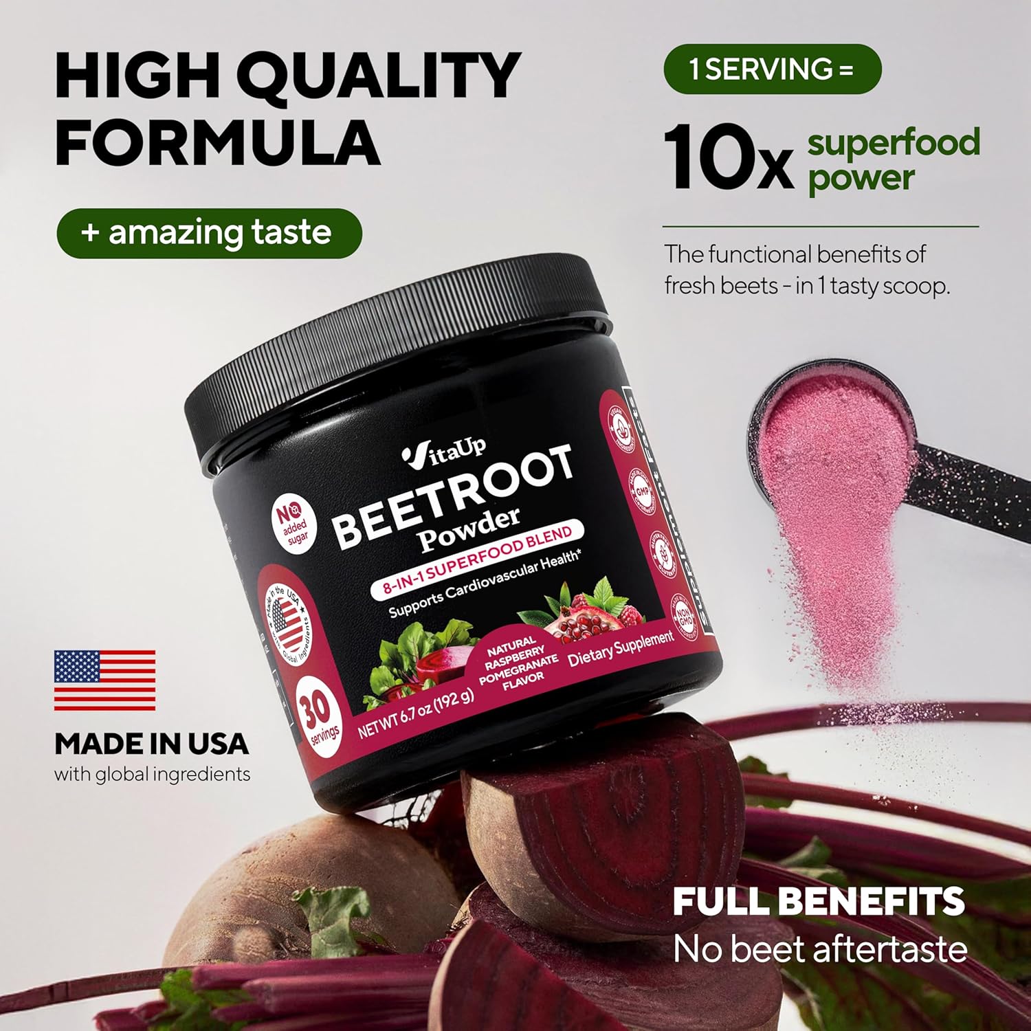 Beet Root Powder 8 in 1 - USA Made Beets Supplements with Grape Seed, Hawthorn, Coq10 – Beetroot Powder for Energy & Circulation Support – Non-GMO & Vegan - Mixed Berry Flavor - 30 Servings
