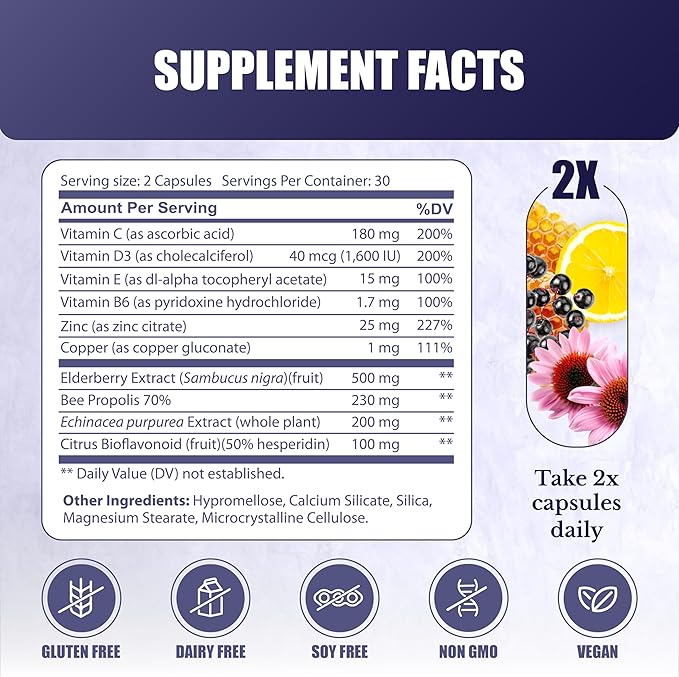 Immune Support Supplement - Formula with Elderberry, Zinc, Vitamin C, D3, and E - Daily Capsules for Immune Support - 60 Capsules