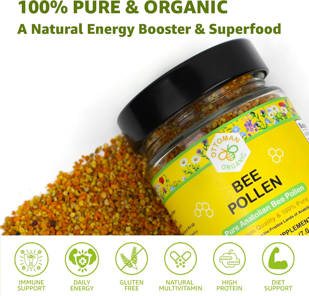Organic Bee Pollen - USDA & EU Organic Certified, Halal, ISO 22000 & GMP | 100% Pure Superfood for Immune Support, Rich in Vitamins & Minerals | Non-GMO, Additive-Free | 200g (7.05 oz)
