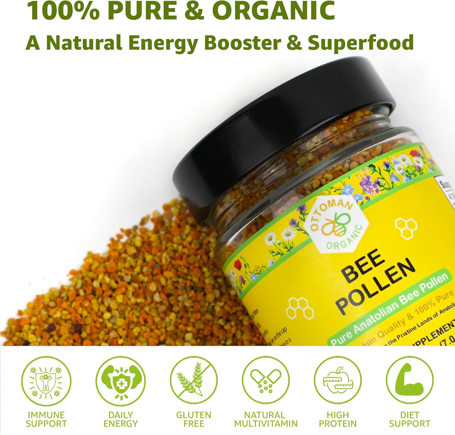 Organic Bee Pollen - USDA & EU Organic Certified, Halal, ISO 22000 & GMP | 100% Pure Superfood for Immune Support, Rich in Vitamins & Minerals | Non-GMO, Additive-Free | 200g (7.05 oz)