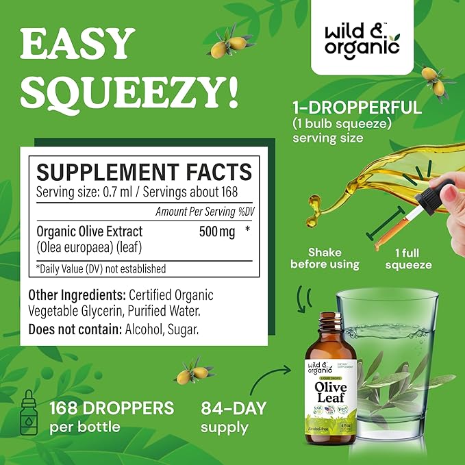 Wild & Organic Olive Leaf Liquid Extract - Olive Leaf Supplement for Immune Support - Oleuropein Liquid Drops - Vegan, Sugar & Alcohol Free Tincture - 4 fl oz