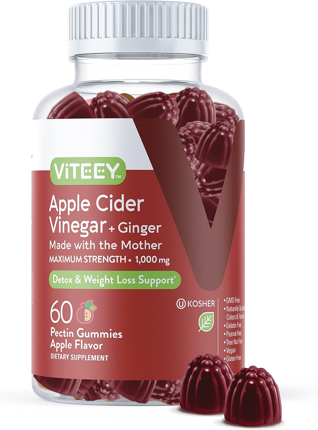 Viteey Apple Cider Vinegar Gummies and Ginger – 1000 mg ACV Gummies for Weight Loss, Detox and Digestion – Vegan, Gluten-Free – 60 Count