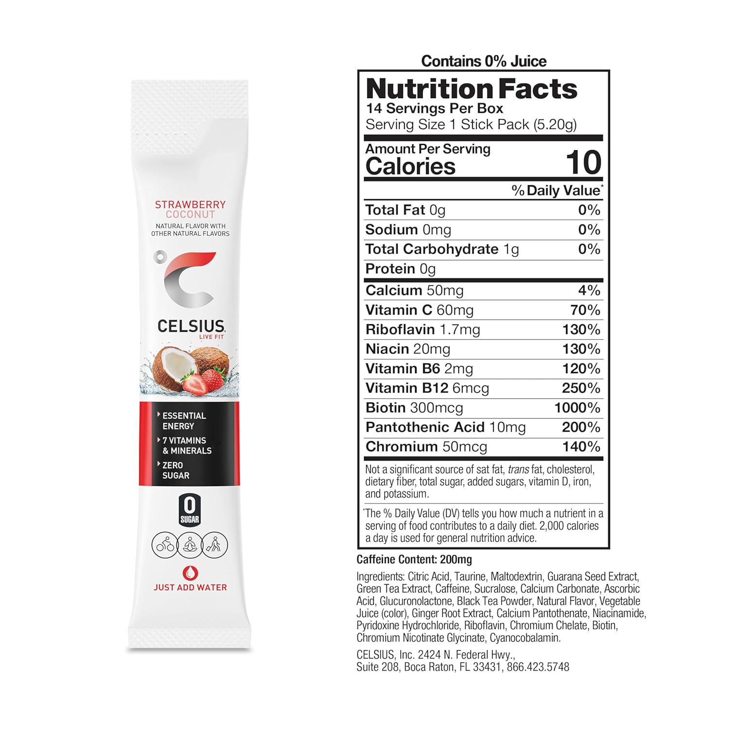 CELSIUS On The Go Strawberry Coconut, Sugar Free Energy Drink Mix (14 Sticks per Pack)
