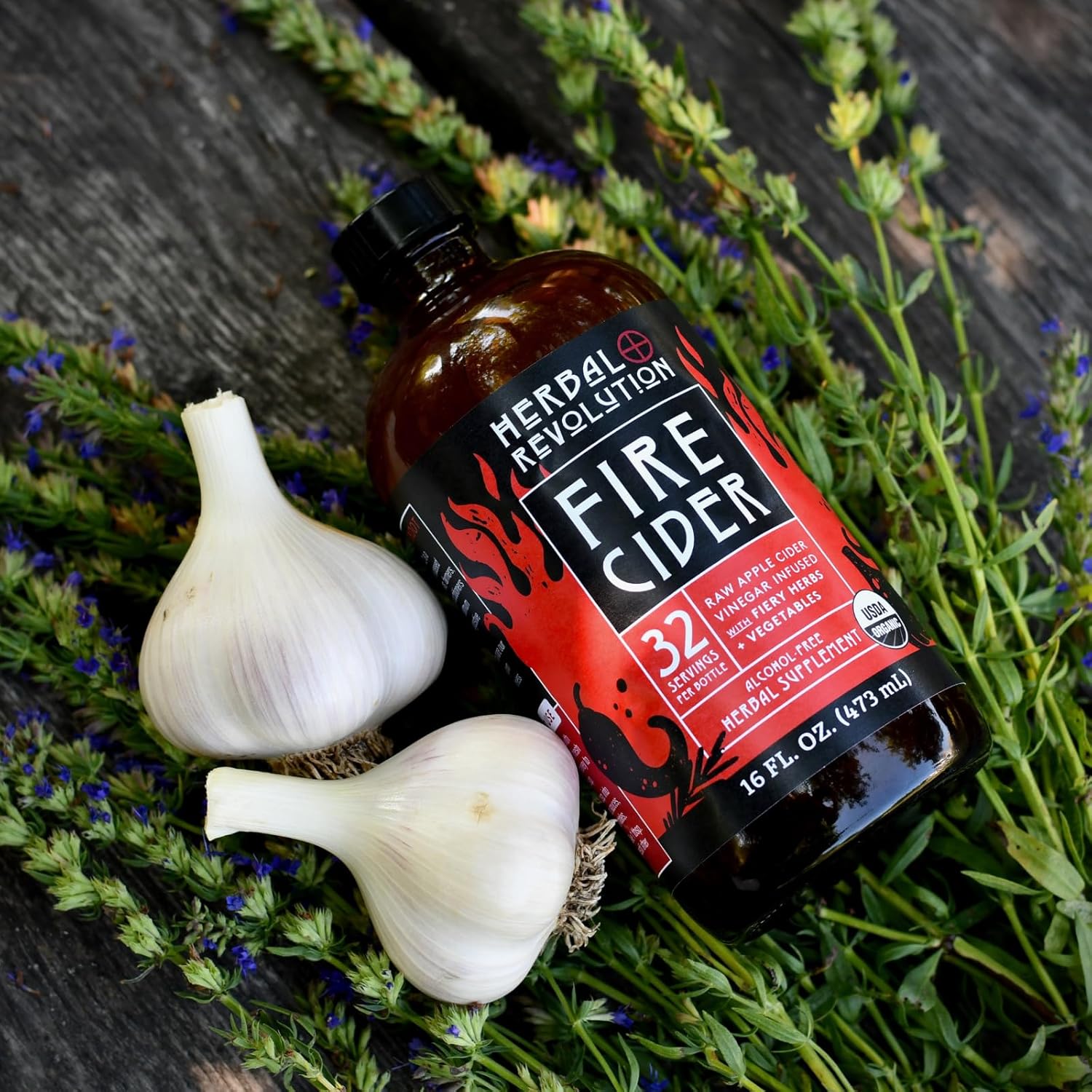 Herbal Revolution Fire Cider Apple Cider Vinegar - Certified Organic Non-GMO ACV Infused with Ginger, Horseradish, Hot Peppers, Honey, and More - Made Using Regenerative Farming Practices 16 Oz