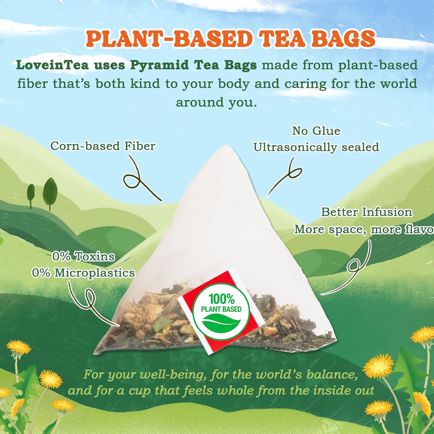 LoveinTea Dandelion Herbal Tea Bags, Detox Tea, 100% Natural Vietnamese Dandelion Blend, Caffeine-Free, Plant-Based Pyramid Bags, 30 Count