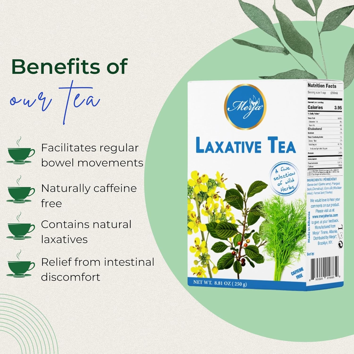Merja Herbs Laxative Herbal Tea - Tea for Colon Cleanse - Mediterranean Loose Tea - Caffeine Free - 100% Natural & Premium Quality 250gr 8.82 oz
