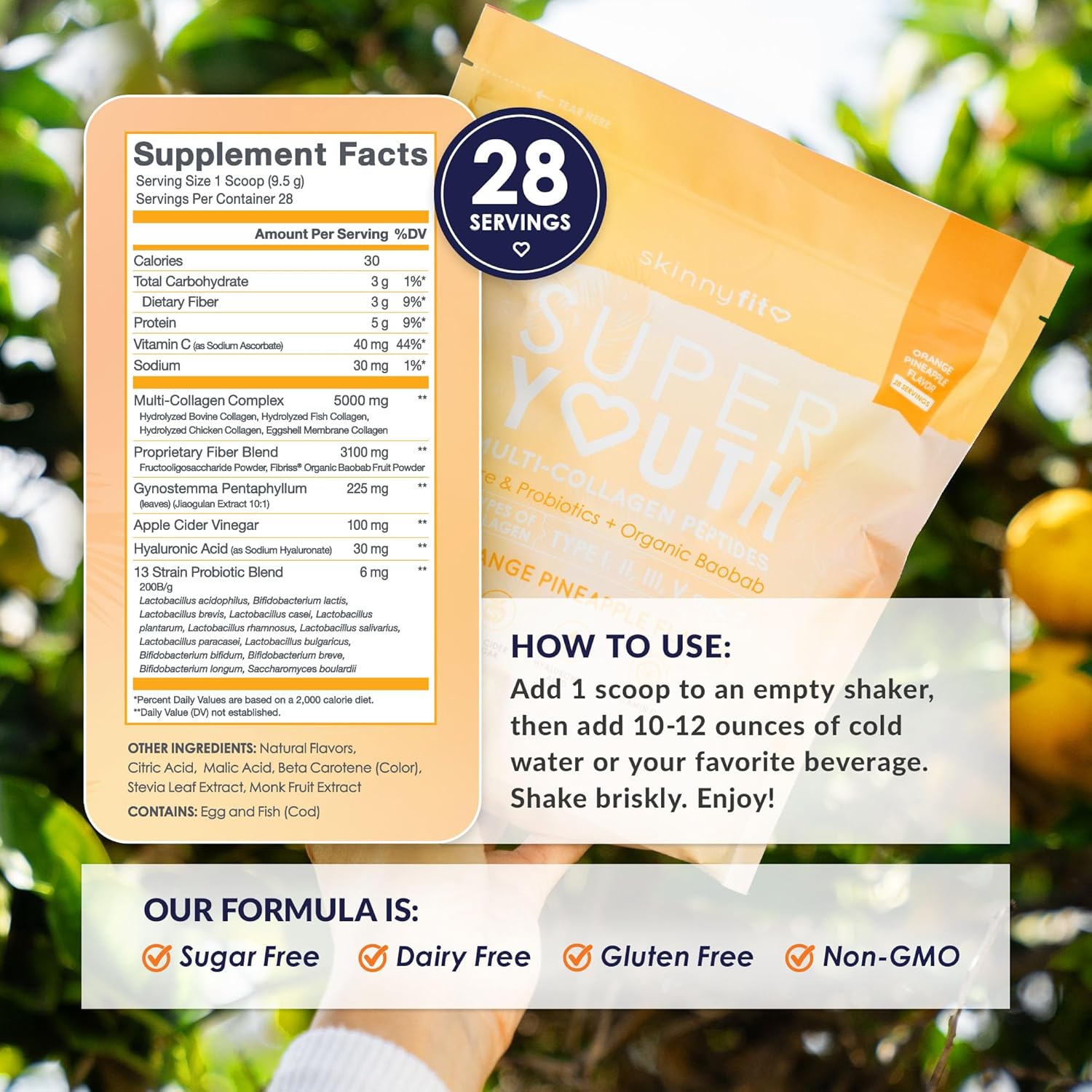 SkinnyFit - Super Youth Collagen for Women - Multi Collagen Peptides Powder - Probiotics, Fiber, Hyaluronic Acid - Non GMO, Gluten Free, Sugar Free - Beauty - Orange Pineapple (28 Servings)